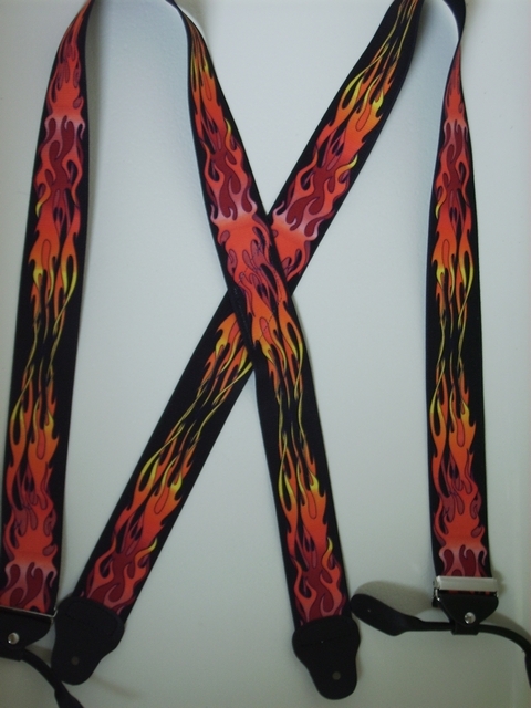 BUTTON-ON FLAMES Suspenders 1 1/2 inches wide and 48 inches long. Red and Yellow on Black. UB120N48FLRD
